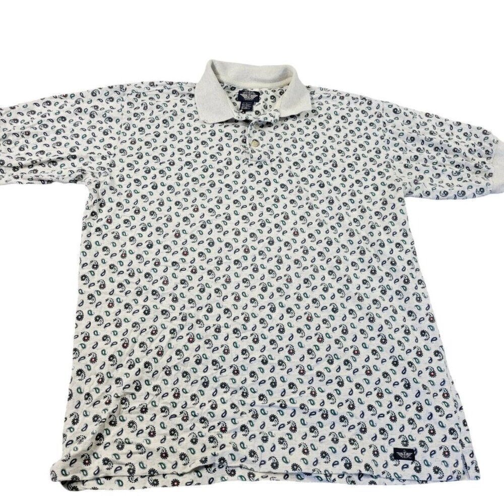 Dockers Polo Shirt Mens Large Golf Beige Paisley All Over Print Casual Dad
